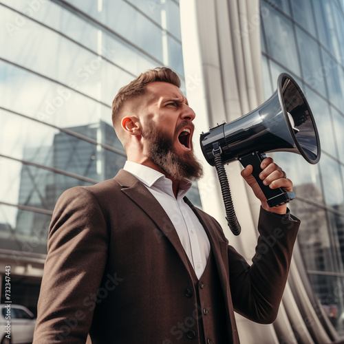 businessman shouting through a megaphone outside in front of office building © Dmytro Titov