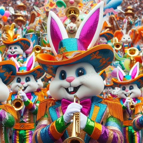 Close-up of a joyful Easter parade featuring marching bands, decorated floats, and participants dressed in vibrant costumes Festive and lively Perfect for Easter parade posters 
