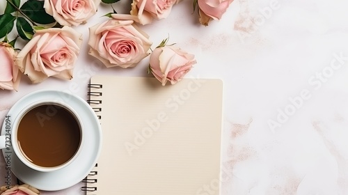 Cup of coffee, notebook and rose flowers. Vintage. Flat lay, top view