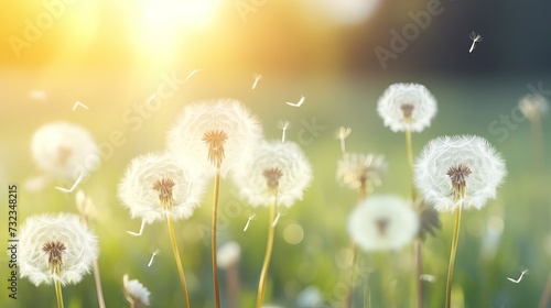 Dandelions in field. Plant in spring. Details of summer nature. Dandelion with fluff