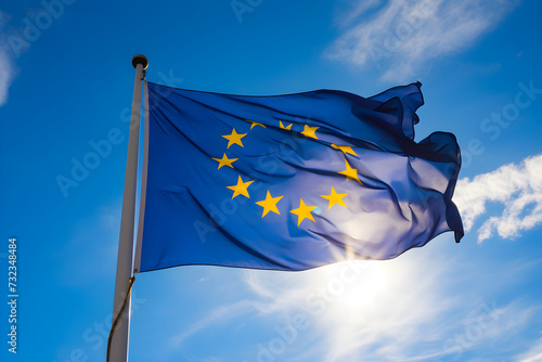 Radiant European Union Flag Against Clear Blue Sky: A Symbol of Unity and Strength