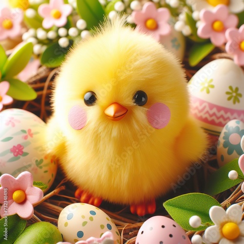 Close-up of a cheerful Easter chick surrounded by spring flowers Cute and whimsical Adds a playful touch to Easter-themed designs 