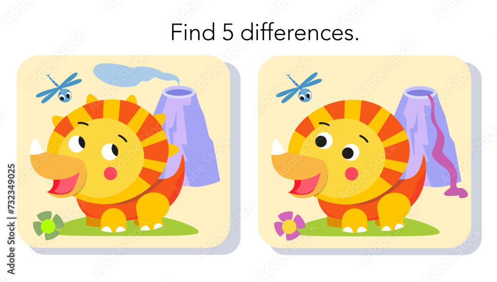 Find 5 hidden differences in picture. Educational puzzle game for kids. Cute flat simple dinosaur in Jurassic Park. Vector colour illustration. 