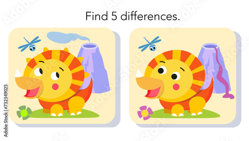 Find 5 hidden differences in picture. Educational puzzle game for kids. Cute flat simple dinosaur in Jurassic Park. Vector colour illustration. 