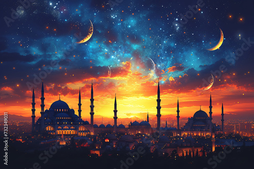 Ramadan Kareem greeting card banner poster design with moon and Mosque minar 