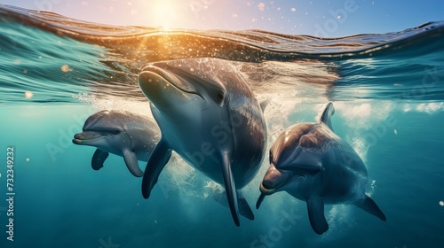 Fantastic detail in the deep clear blue water. Three dolphins enjoing together. Clear blue ocean water and sunlight beneath the surface of water in the background. photo