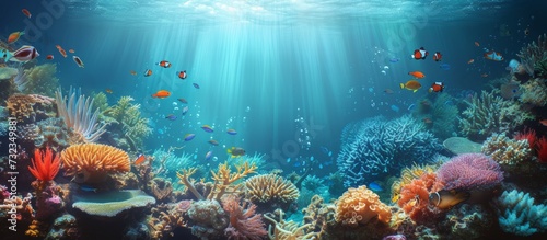 An underwater landscape filled with vibrant corals and diverse fish species, forming a rich and colorful coral reef in the ocean.