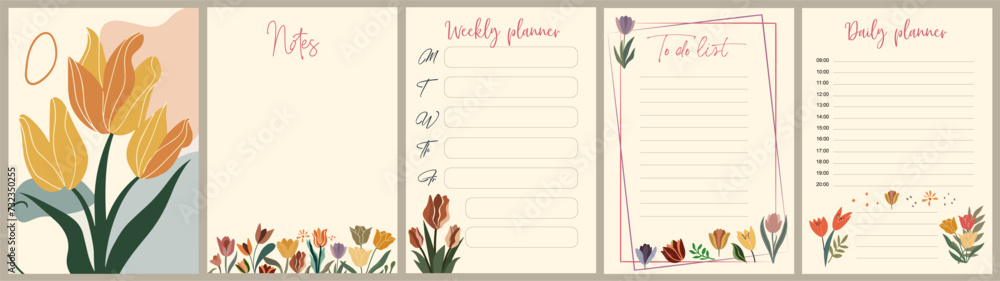Notebook pages and cover template with colorful tulip flowers. Planner, diary, notepad, organizer with cute floral design. Vector cards, notes, stickers, labels, tags paper sheet illustrations. - obrazy, fototapety, plakaty 