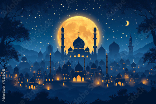 Ramadan Kareem greeting card banner poster design with moon and Mosque minar 