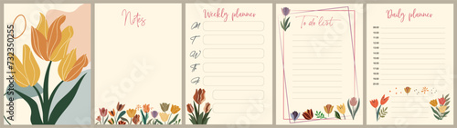 Notebook pages and cover template with colorful tulip flowers. Planner, diary, notepad, organizer with cute floral design. Vector cards, notes, stickers, labels, tags paper sheet illustrations. #732350255