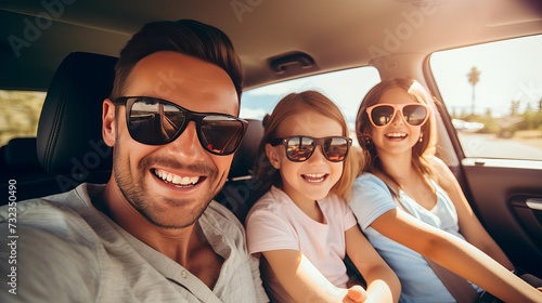 Happy family enjoying drive in their new electric car © Tahir