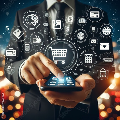 Mobile payment, Man using mobile payments online shopping and icon on night background