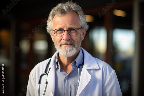 A mature male doctor with a stethoscope around his neck is standing in his office within a hospital, exuding a sense of experience and professionalism.