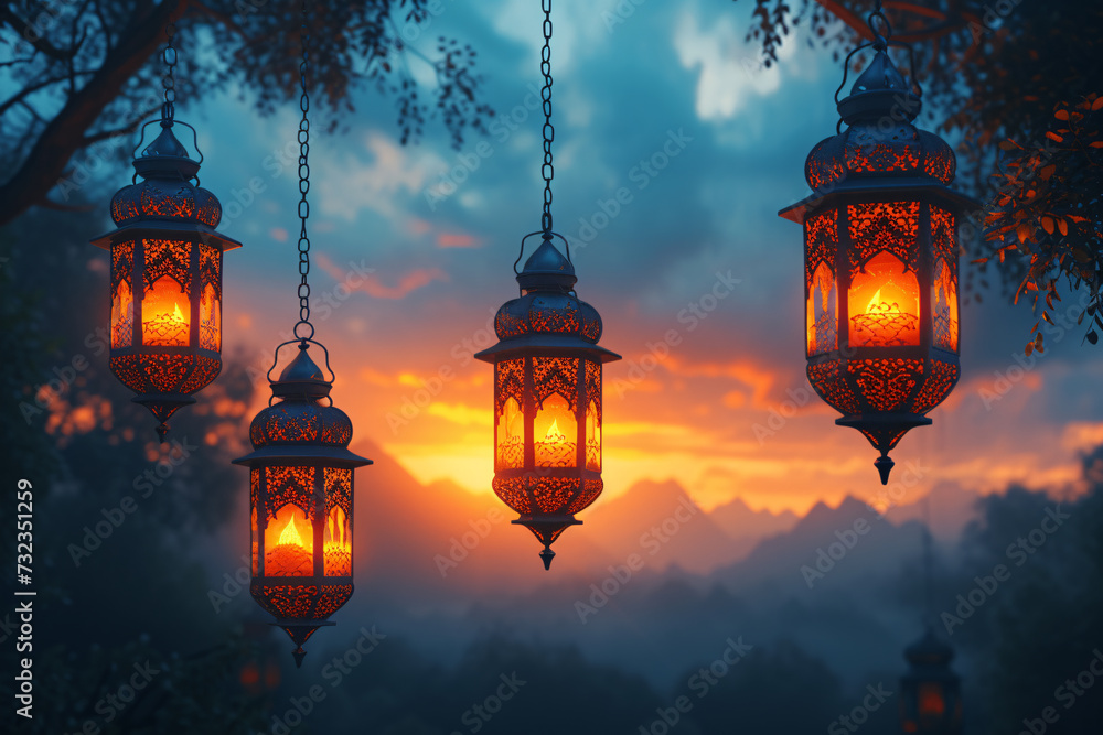 Ramadan Kareem greeting card banner poster design with Golden lantern