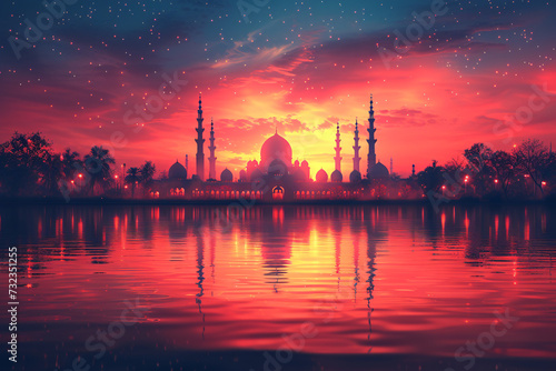 Ramadan Kareem greeting card banner poster design with moon and Mosque minar 