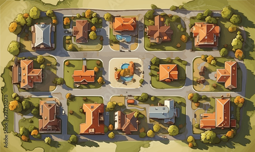 top view dron shot of village vector flat isolated illustration