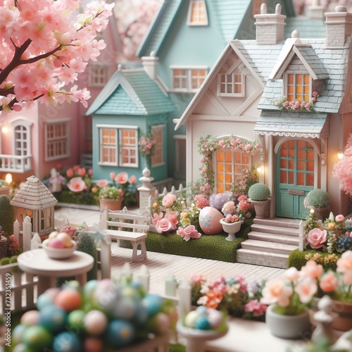 Close-up of a quaint Easter village scene with pastel-colored cottages and blooming gardens Charming and nostalgic Perfect for creating a whimsical Easter atmosphere 