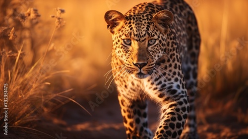 Leopard sunset walk. Leopard, Panthera pardus shortidgei, nature habitat, big wild cat in nature habitat, sunny day on the savannah, Khwai River, Moremi Botswana. Wildlife nature. Africa photo