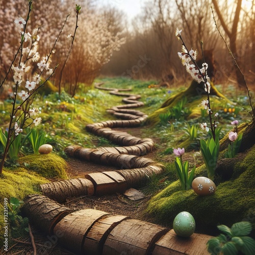 Close-up of a festive Easter egg hunt trail winding through a picturesque woodland filled with budding trees and chirping birds Adventurous and scenic Perfect for depicting outdoor Easter activities 