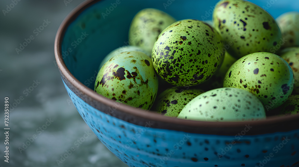 A blue bowl filled with Green Speckled Eggs