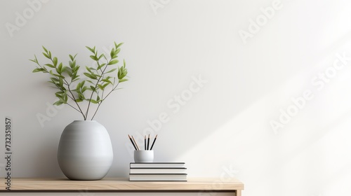 Minimalist composition of elegant home office space with design chair, black vase with leaf, sculpture, book and personal accessories. Copy space. Minimalist home decor. Template. photo