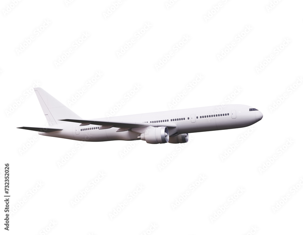 White commercial airplane in profile against a transparent background, aviation theme. 3D Rendering White commercial airplane in profile against a transparent background, aviation theme. 3D Rendering