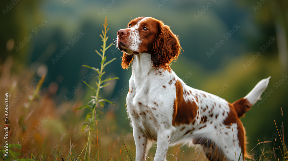 A brown and white dog standing on a Green Background