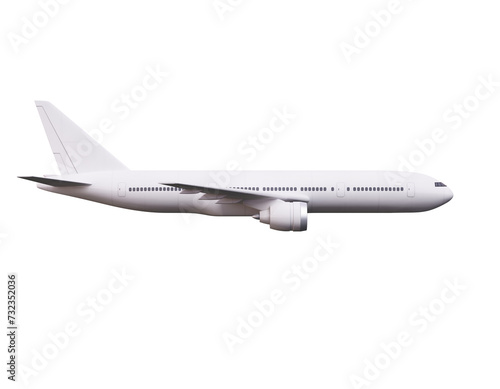 Side view of white commercial airplane in flight isolated on white. Travel and technology concept. 3D Rendering