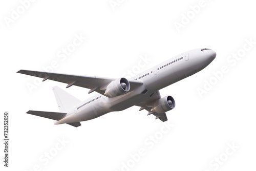 White commercial airplane in dynamic ascent isolated on white, travel concept. 3D Rendering