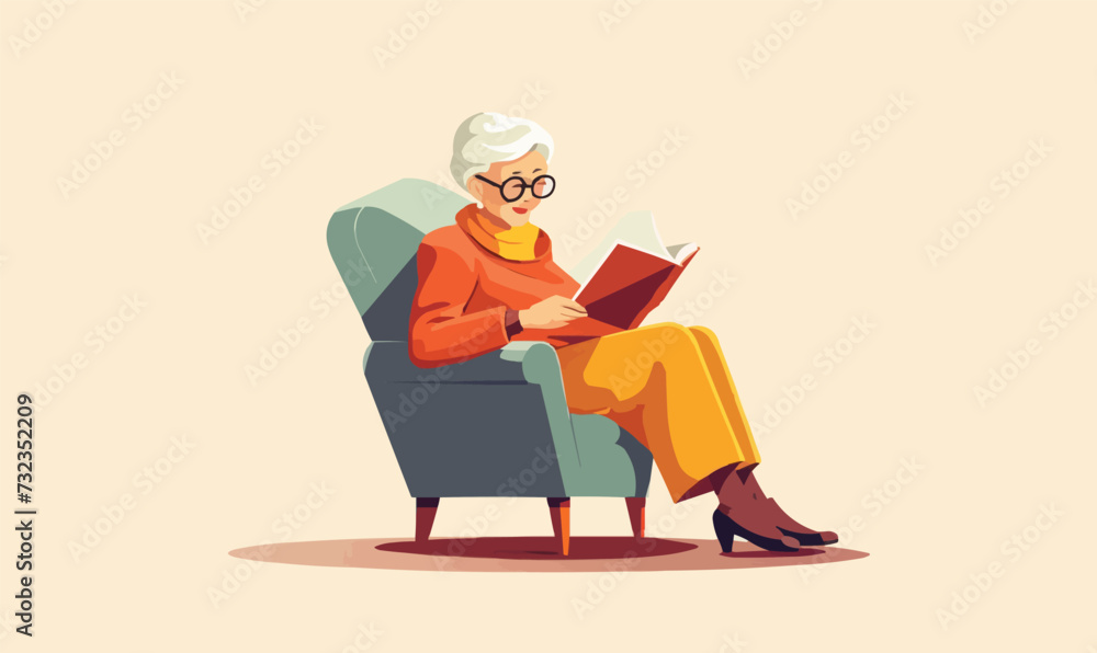 old woman reading book vector flat minimalistic isolated illustration