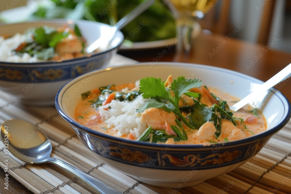 Thai shrimp curry with rice in a decorated bowl. Close-up food photography.