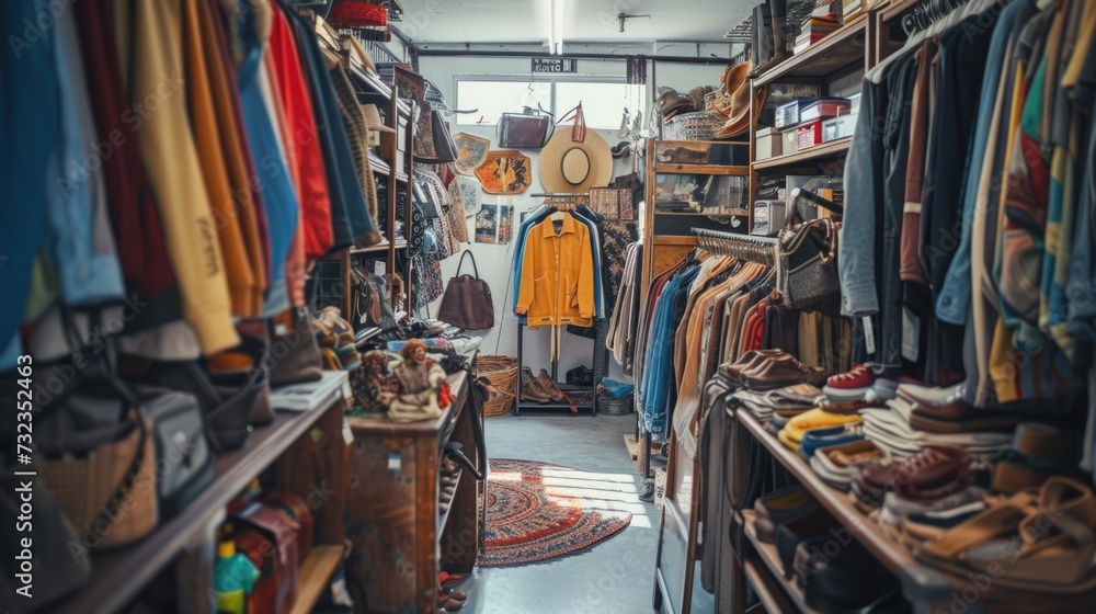 Vintage clothing store interior with assorted fashion items.