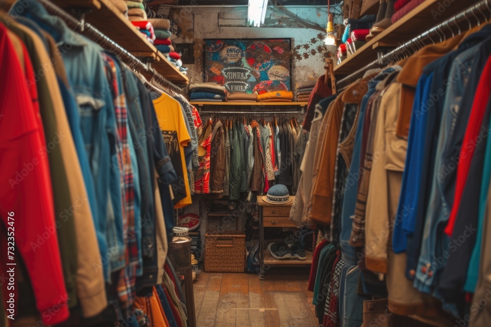 Cozy vintage clothing store interior with diverse selection of fashion items.