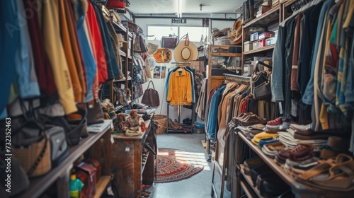 Vintage clothing store interior with assorted fashion items.