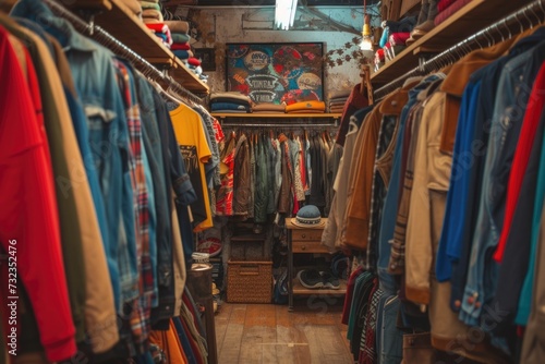 Cozy vintage clothing store interior with diverse selection of fashion items.
