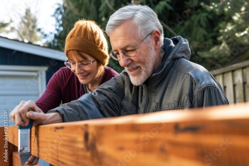 Senior couple working together on a wooden deck at home.