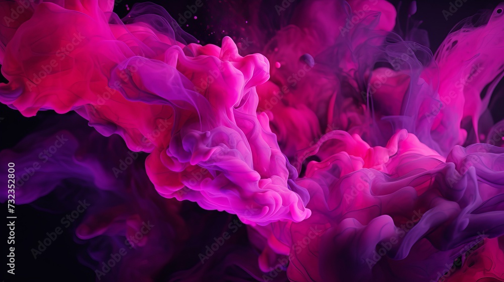 Paint spill abstract background. Defocused neon magenta pink black color ink water mix flow reveal motion symmetric ornament particles art texture