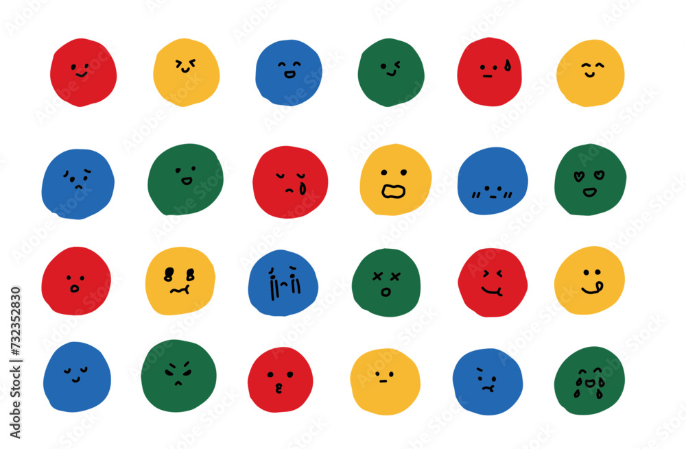 Fototapeta premium カラフル 色々な表情の顔 絵文字 イラスト 素材 アイコン 