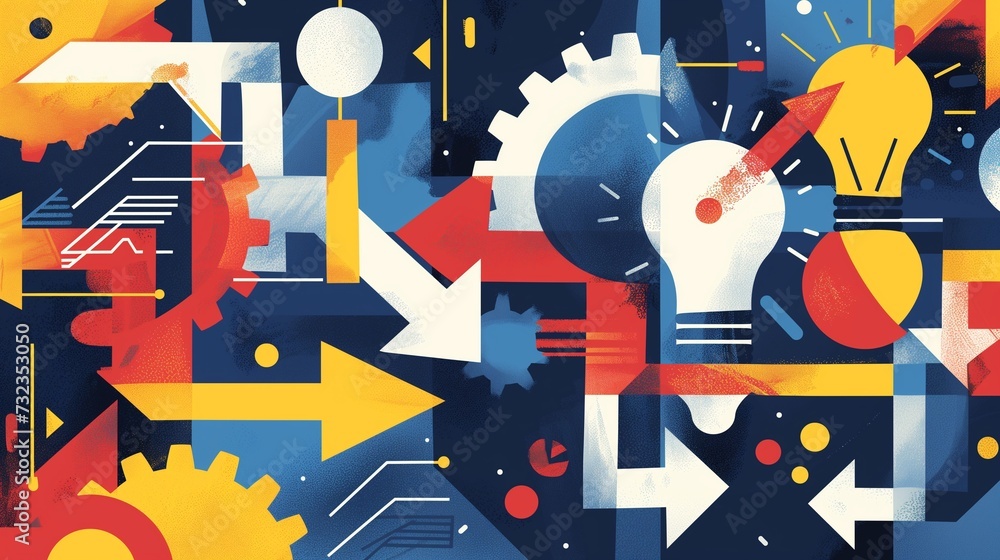 A dynamic array of arrows, gears and a glowing light bulb, symbolizing innovation, strategic thinking, and creative problem solving concepts. A dynamic array of arrows, gears and a glowing light bulb, symbolizing innovation, strategic thinking, and creative problem solving concepts.