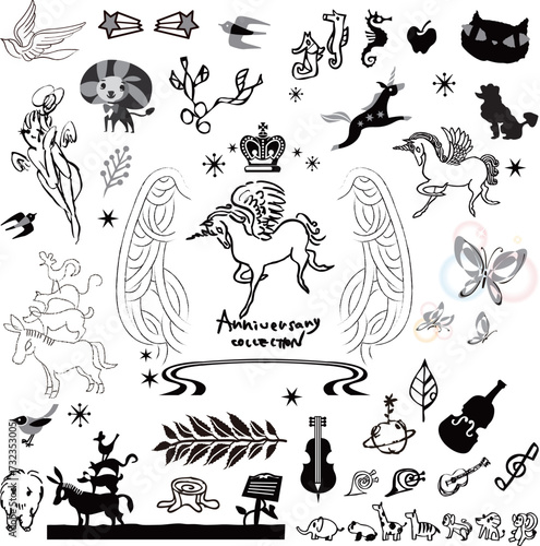 A set of fictitious illustrations that appear in fairy tales. A set of small illustrations. Set of icons such as pegasus, unicorn