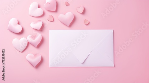 Pink envelope and blank form with paper pink hearts on a pink background. Valentine's Day card.Copy space