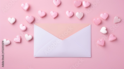 Pink envelope and blank form with paper pink hearts on a pink background. Valentine's Day card.Copy space