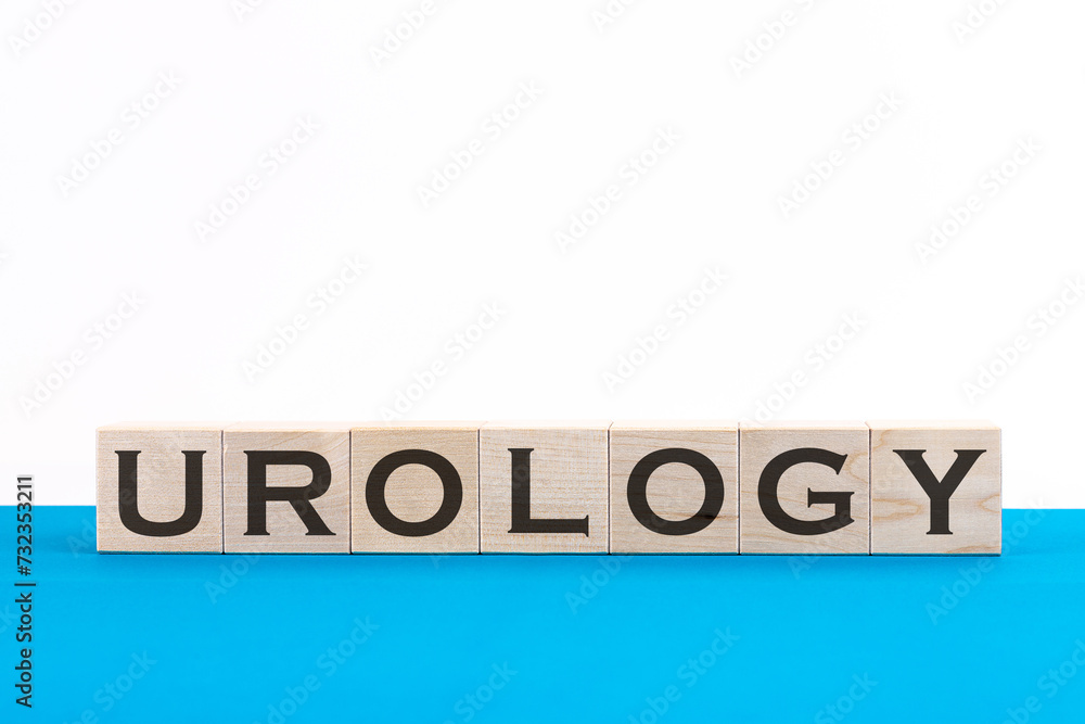 Urology, concept word on cubes on a blue background Urology, concept word on cubes on a blue background