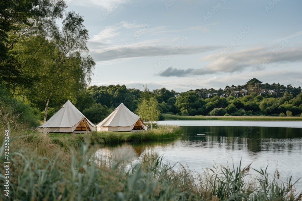 Serene Glamping Site by a Lake with Lush Greenery at Dusk