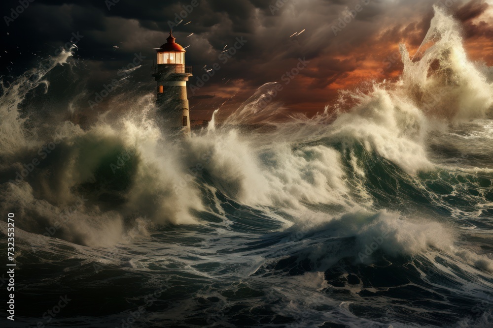 Ominous Sea storm lighthouse. Ocean wave. Generate Ai