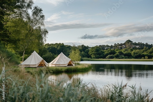 Serene Glamping Site by a Lake with Lush Greenery at Dusk © Julia Jones