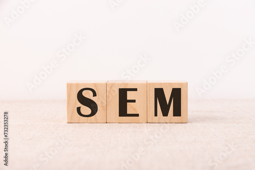 Wooden cubes with the abbreviation SEM Search Engine Marketing with a white background, for design and layouts