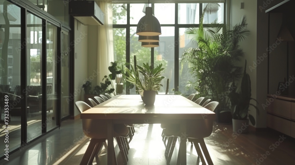 Fototapeta premium Modern dining room with natural light and indoor plants