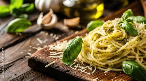 Spaghetti aglio e olio with basil and garlic on a rustic wooden board. photo