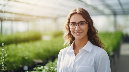 Portrait of caucasian woman in protective glasses and white uniform smiling on camera while standing at greenhouse farm. Female lab worker having confidence in advantages of organic greenery photo